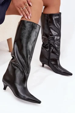 Boto Kozaki Ocieplane|Kozaki Na Szpilce*Lakierowane Kozaki Damskie Na Niskim Obcasie Czarne Mireva Czarny