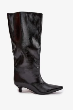 Boto Kozaki Ocieplane|Kozaki Na Szpilce*Lakierowane Kozaki Damskie Na Niskim Obcasie Czarne Mireva Czarny