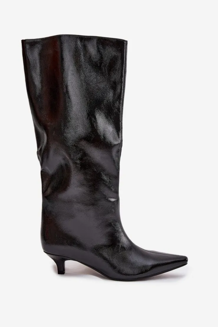 Boto Kozaki Ocieplane|Kozaki Na Szpilce*Lakierowane Kozaki Damskie Na Niskim Obcasie Czarne Mireva Czarny