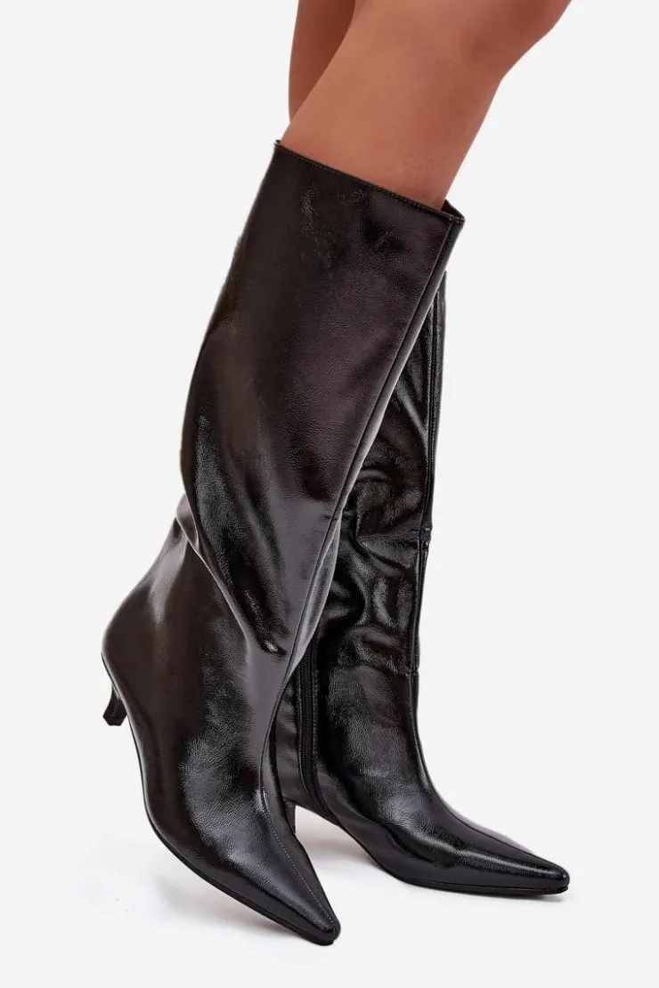 Boto Kozaki Ocieplane|Kozaki Na Szpilce*Lakierowane Kozaki Damskie Na Niskim Obcasie Czarne Mireva Czarny