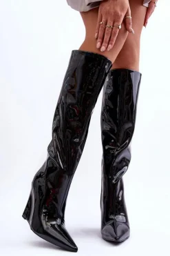 Damskie Boto Lakierowane Kozaki Na Koturnie Czarne Delinn