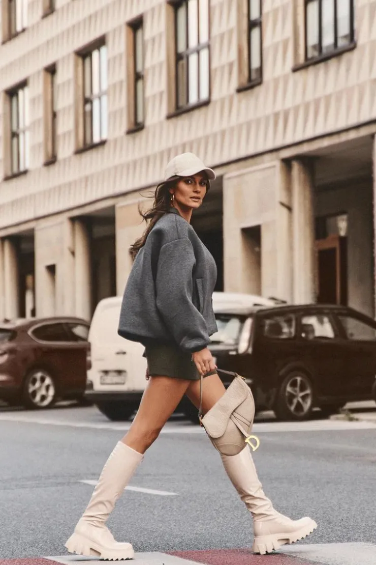 Damskie Boto Lakierowane Kozaki Na Masywnej Platformie Z Suwakiem Beżowe Ringo