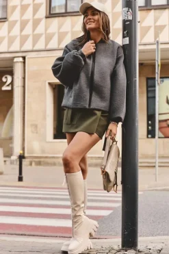 Damskie Boto Lakierowane Kozaki Na Masywnej Platformie Z Suwakiem Beżowe Ringo