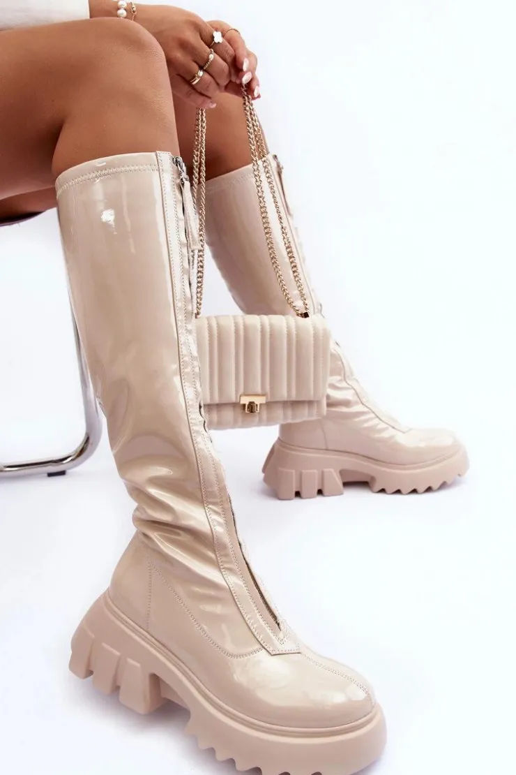 Damskie Boto Lakierowane Kozaki Na Masywnej Platformie Z Suwakiem Beżowe Ringo