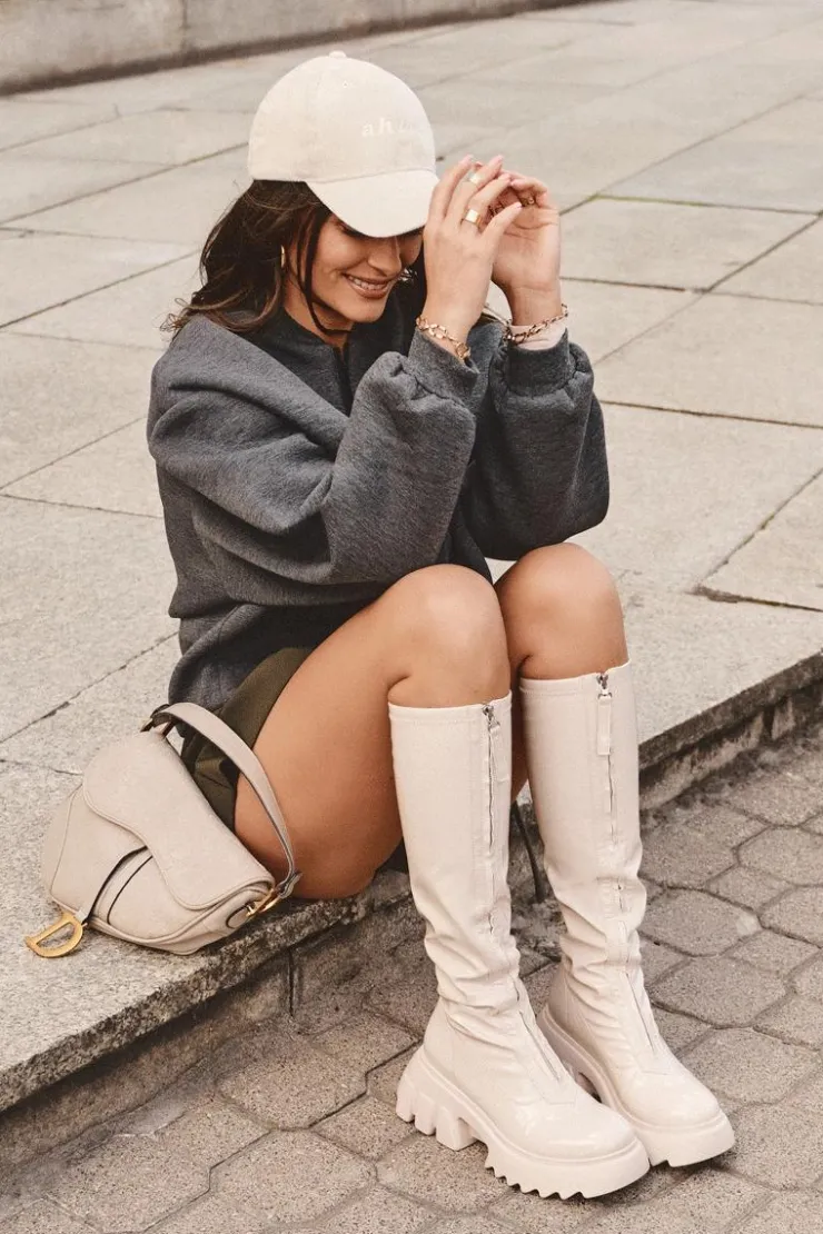 Damskie Boto Lakierowane Kozaki Na Masywnej Platformie Z Suwakiem Beżowe Ringo