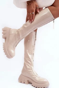 Damskie Boto Lakierowane Kozaki Na Masywnej Platformie Z Suwakiem Beżowe Ringo