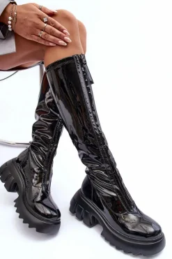 Sale Boto Lakierowane Kozaki Na Masywnej Platformie Z Suwakiem Czarne Ringo