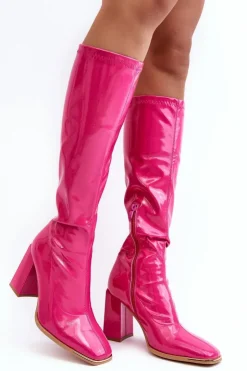 Damskie Boto Lakierowane Kozaki Na Słupku Przed Kolano Fuksja Mlokva