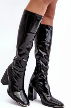 Boto Kozaki Wiosenne|Kozaki Przed Kolano*Lakierowane Kozaki Na Słupku Przed Kolano Czarne Mlokva