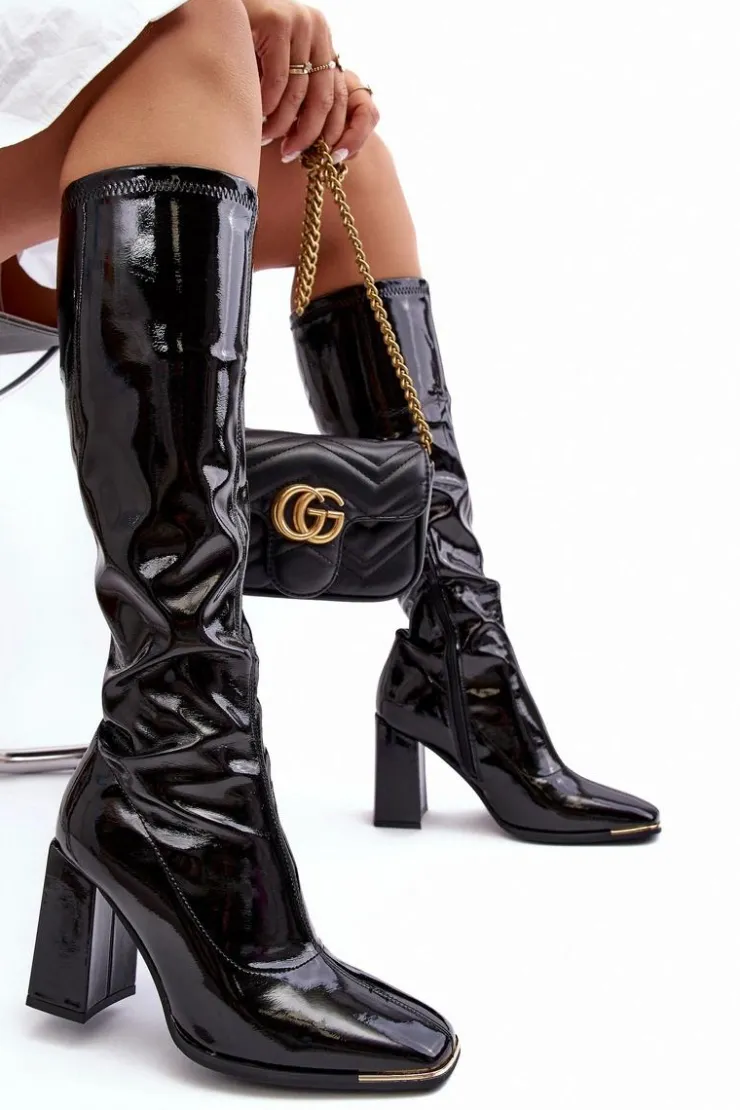 Boto Kozaki Wiosenne|Kozaki Przed Kolano*Lakierowane Kozaki Na Słupku Przed Kolano Czarne Mlokva