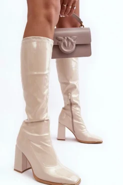 Damskie Boto Lakierowane Kozaki Na Słupku Przed Kolano Beżowe Mlokva