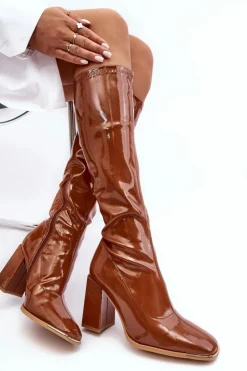 New Boto Lakierowane Kozaki Na Słupku Przed Kolano Brązowe Mlokva