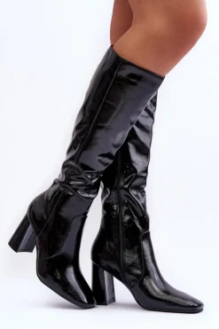 Damskie Boto Lakierowane Kozaki Na Słupku Czarne Nizo