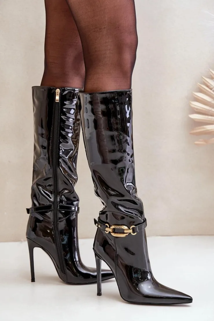 Damskie Boto Lakierowane Kozaki Na Szpilce Ze Złotą Ozdobą Czarne Tistaria