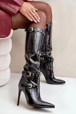 Best Boto Lakierowane Kozaki Na Szpilce Z Klamrami Czarne Emiraethe