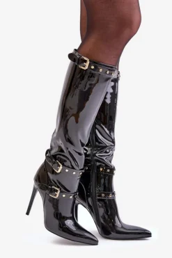 Best Boto Lakierowane Kozaki Na Szpilce Z Klamrami Czarne Emiraethe