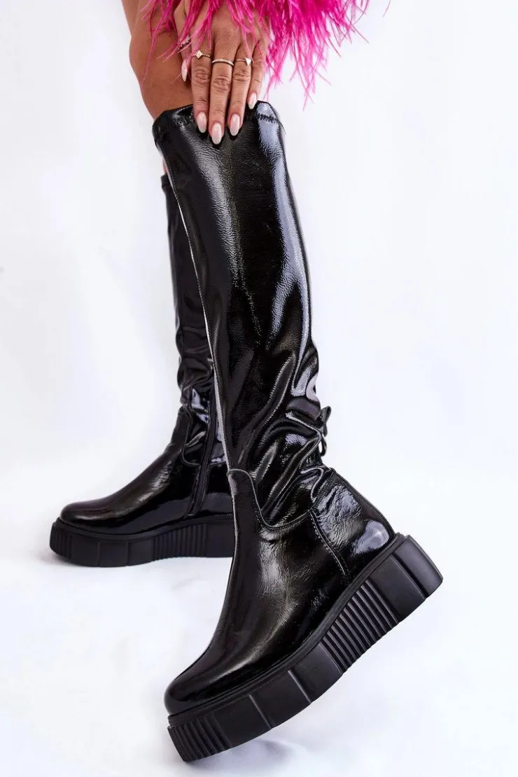 Boto Kozaki Na Koturnie|Kozaki Przed Kolano*Lakierowane Kozaki Przed Kolano Na Platformie Czarne Spectrum