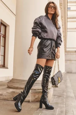 Best Boto Lakierowane Kozaki Za Kolano Na Masywnym Słupku Czarne Kytia Czarny