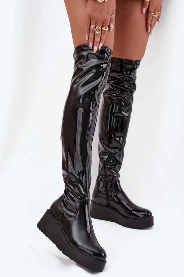 New Boto Lakierowane Kozaki Za Kolano Na Platformie I Delikatnym Koturnie Czarne Tavina