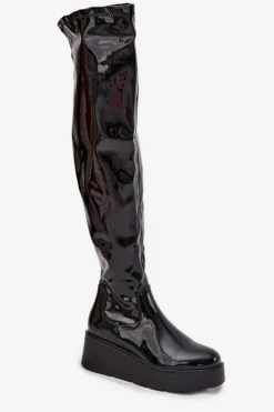 New Boto Lakierowane Kozaki Za Kolano Na Platformie I Delikatnym Koturnie Czarne Tavina