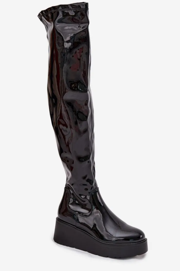 New Boto Lakierowane Kozaki Za Kolano Na Platformie I Delikatnym Koturnie Czarne Tavina