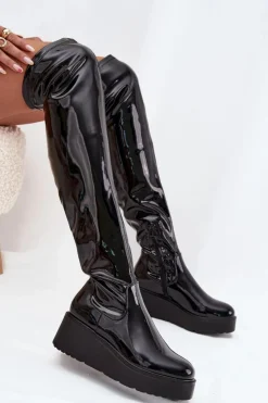 New Boto Lakierowane Kozaki Za Kolano Na Platformie I Delikatnym Koturnie Czarne Tavina