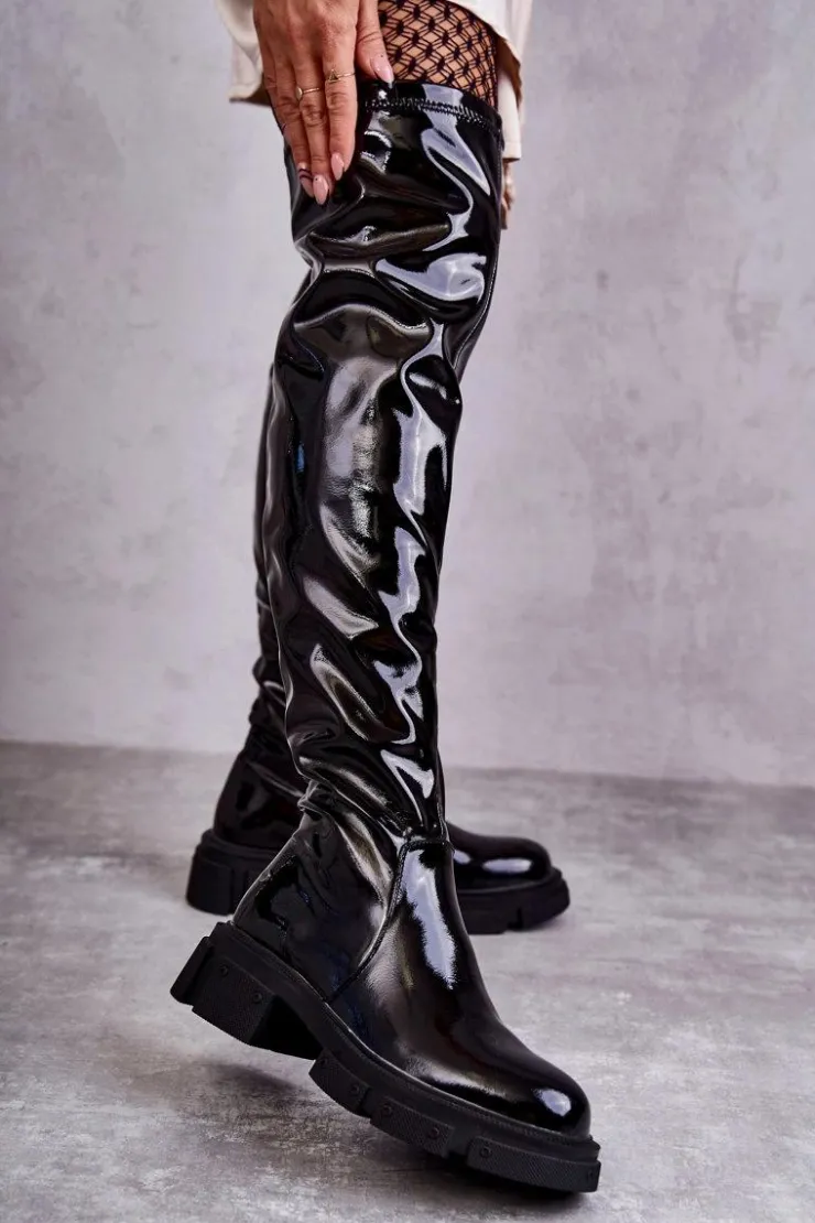 Damskie GOE Lakierowane Kozaki Za Kolano Na Płaskim Obcasie KK2N4023 Czarne