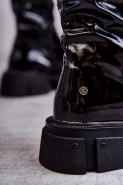 Damskie GOE Lakierowane Kozaki Za Kolano Na Płaskim Obcasie KK2N4023 Czarne