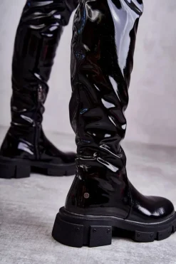 Damskie GOE Lakierowane Kozaki Za Kolano Na Płaskim Obcasie KK2N4023 Czarne