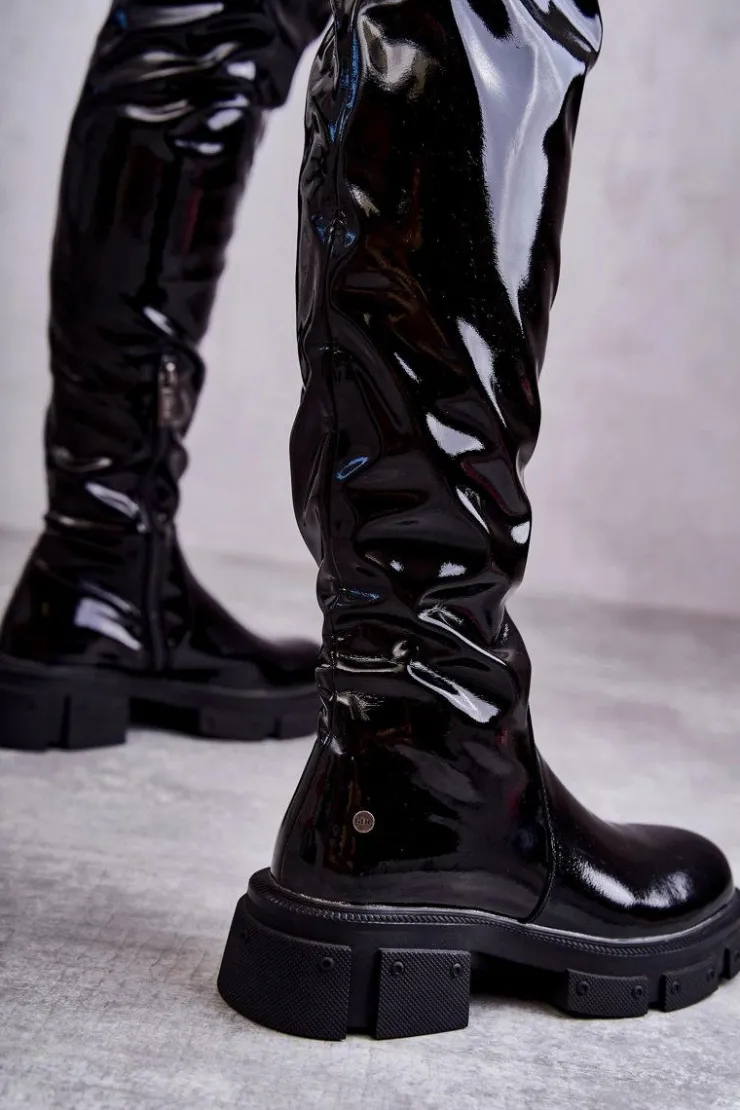 Damskie GOE Lakierowane Kozaki Za Kolano Na Płaskim Obcasie KK2N4023 Czarne