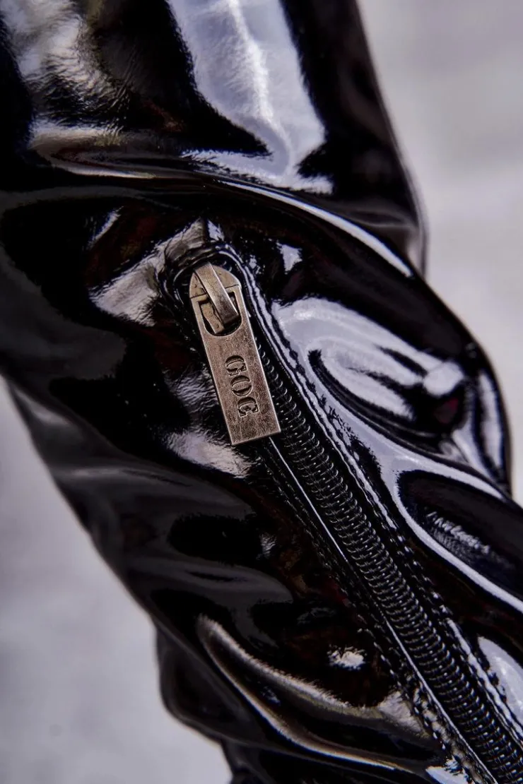 Damskie GOE Lakierowane Kozaki Za Kolano Na Płaskim Obcasie KK2N4023 Czarne