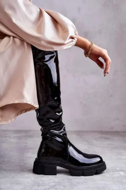 Damskie GOE Lakierowane Kozaki Za Kolano Na Płaskim Obcasie KK2N4023 Czarne