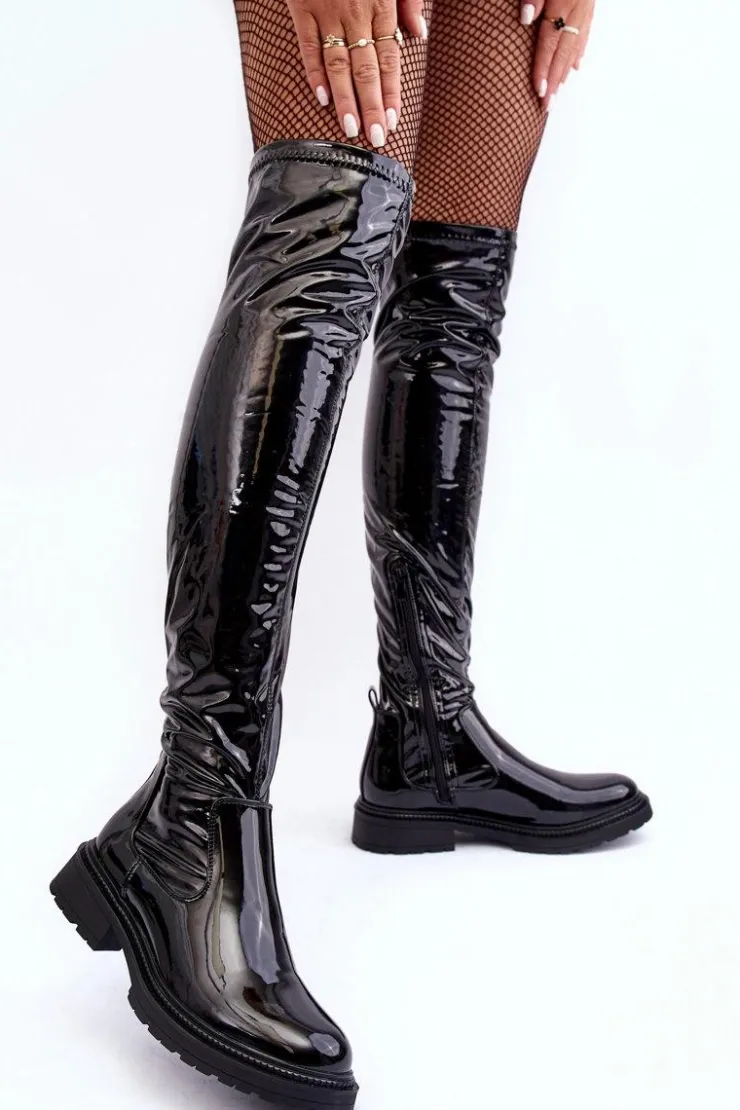 Boto Muszkieterki|Kozaki Za Kolano*Lakierowane Kozaki Za Kolano Na Płaskim Obcasie Czarne Rilema