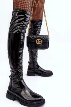 Boto Muszkieterki|Kozaki Za Kolano*Lakierowane Kozaki Za Kolano Na Płaskim Obcasie Czarne Rilema