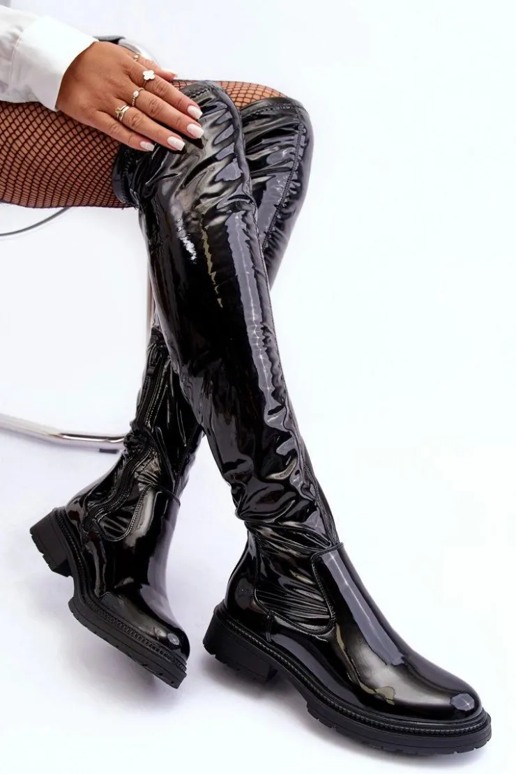 Boto Kozaki Ocieplane|Muszkieterki*Lakierowane Kozaki Za Kolano Na Płaskim Obcasie Czarne Rilema