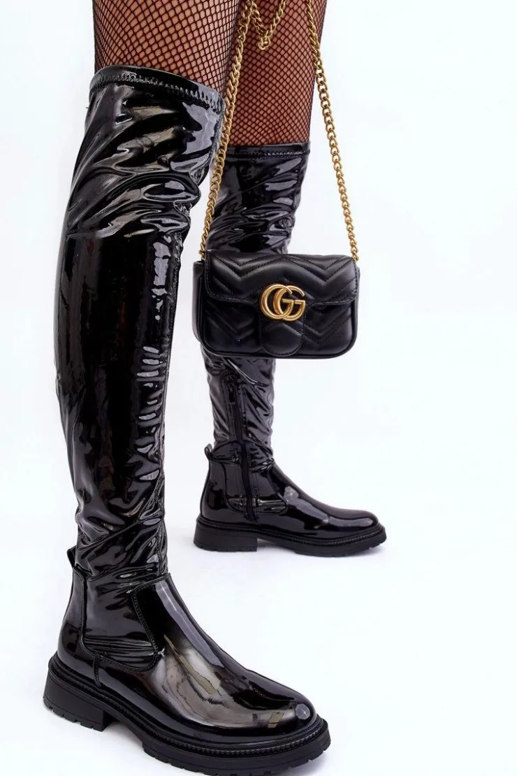 Boto Kozaki Ocieplane|Muszkieterki*Lakierowane Kozaki Za Kolano Na Płaskim Obcasie Czarne Rilema