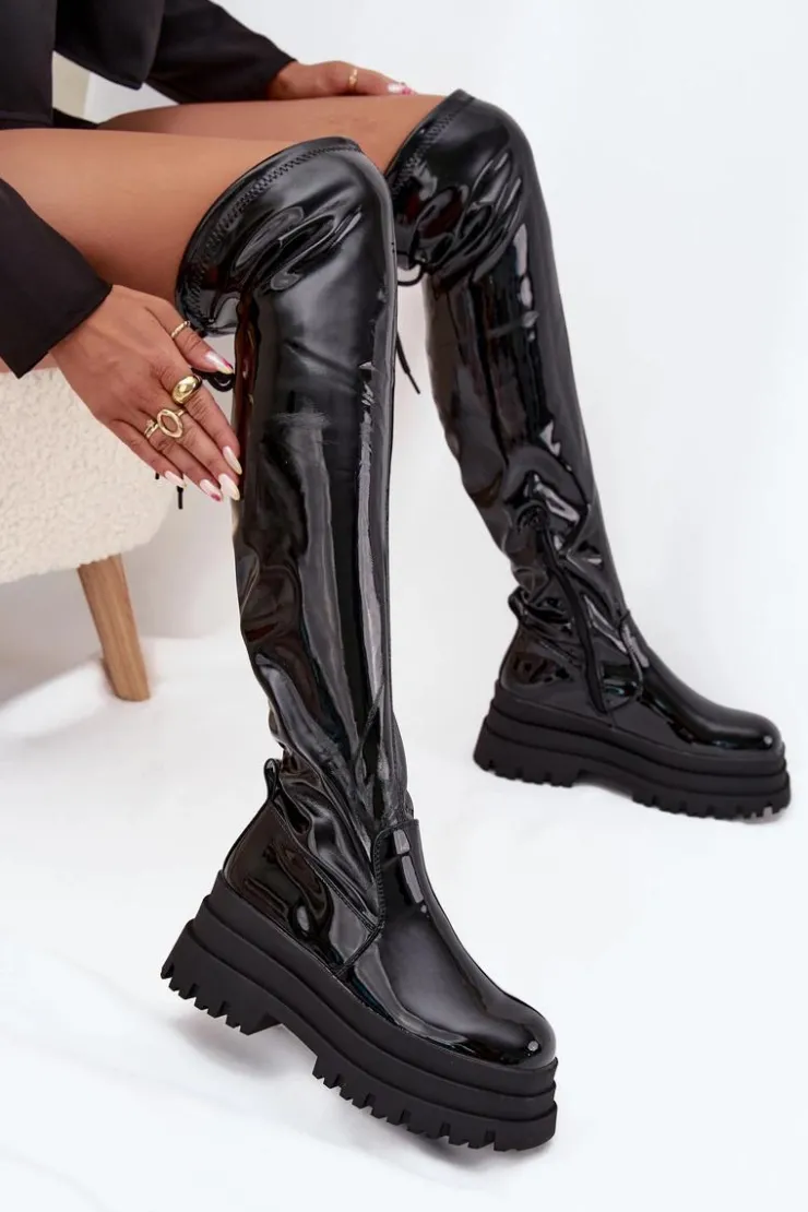 Damskie Boto Lakierowane Kozaki Za Kolano Na Masywnej Platformie Czarne Ravela