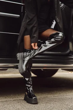 Damskie Boto Lakierowane Kozaki Za Kolano Na Masywnej Platformie Czarne Ravela