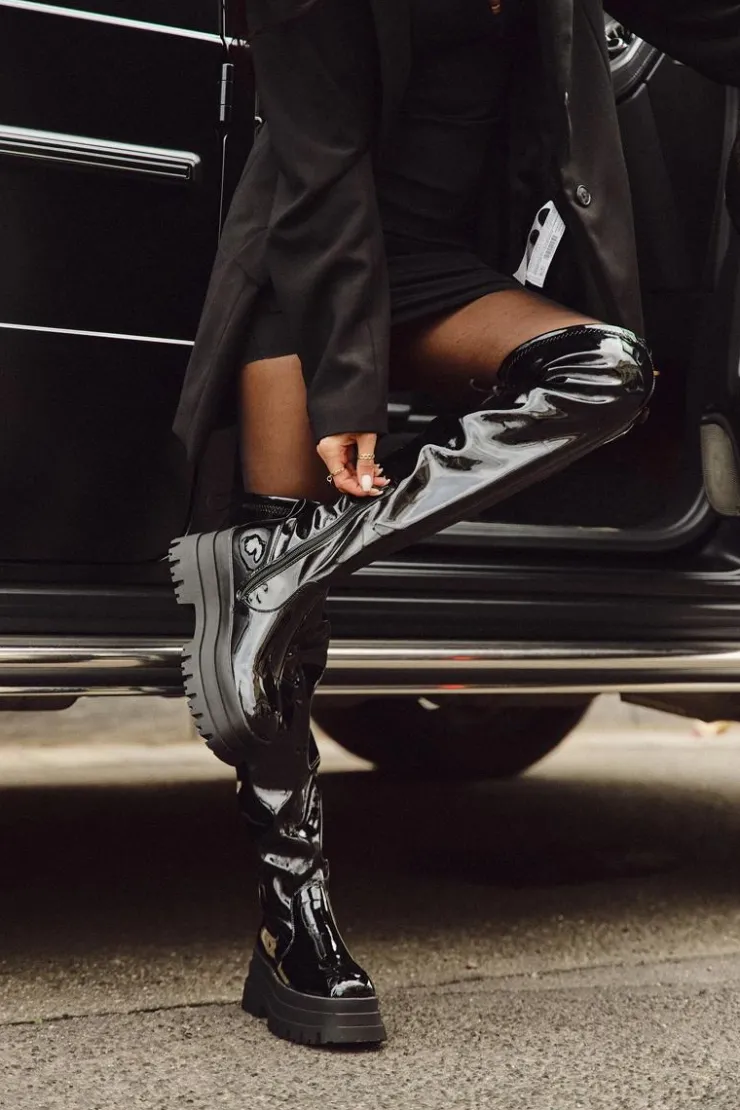 Damskie Boto Lakierowane Kozaki Za Kolano Na Masywnej Platformie Czarne Ravela