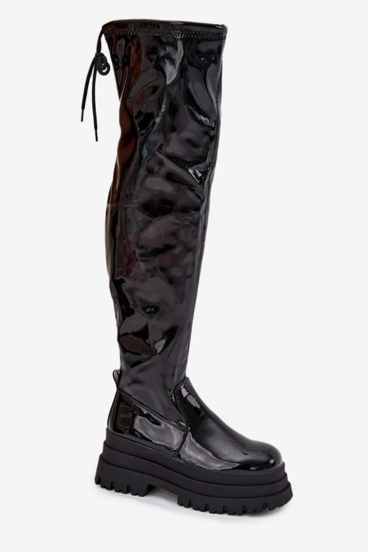 Damskie Boto Lakierowane Kozaki Za Kolano Na Masywnej Platformie Czarne Ravela