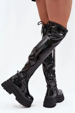 Damskie Boto Lakierowane Kozaki Za Kolano Na Masywnej Platformie Czarne Ravela