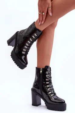 Damskie Boto Lakierowane Masywne Botki Na Słupku Czarne Ikeshia