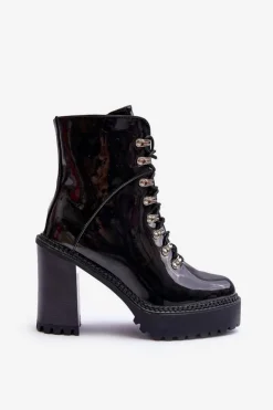 Damskie Boto Lakierowane Masywne Botki Na Słupku Czarne Ikeshia