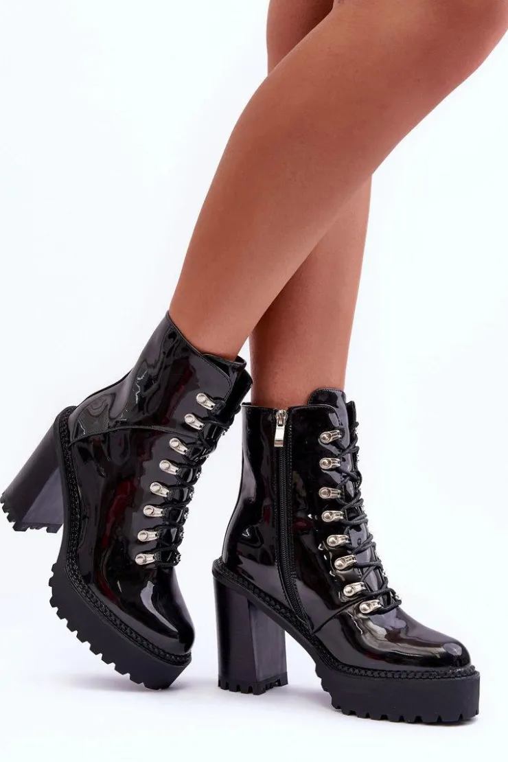 Damskie Boto Lakierowane Masywne Botki Na Słupku Czarne Ikeshia