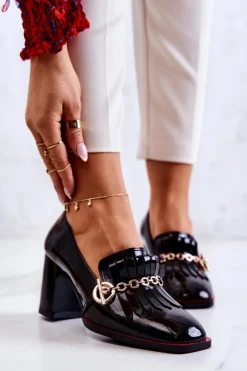 Outlet Damskie buty S.Barski Lakierowane Modne Czółenka Czarne Jenice