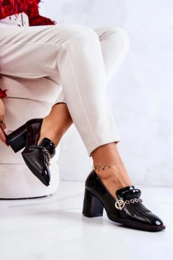 Outlet Damskie buty S.Barski Lakierowane Modne Czółenka Czarne Jenice