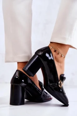 Outlet Damskie buty S.Barski Lakierowane Modne Czółenka Czarne Jenice