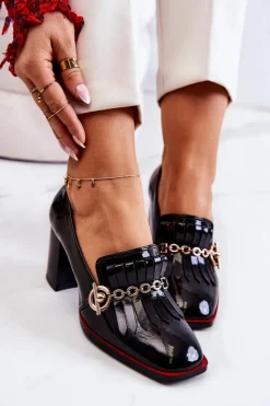 Outlet Damskie buty S.Barski Lakierowane Modne Czółenka Czarne Jenice