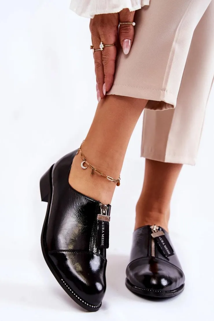 Outlet Laura Messi Lakierowane Modne Półbuty 2532 Czarne