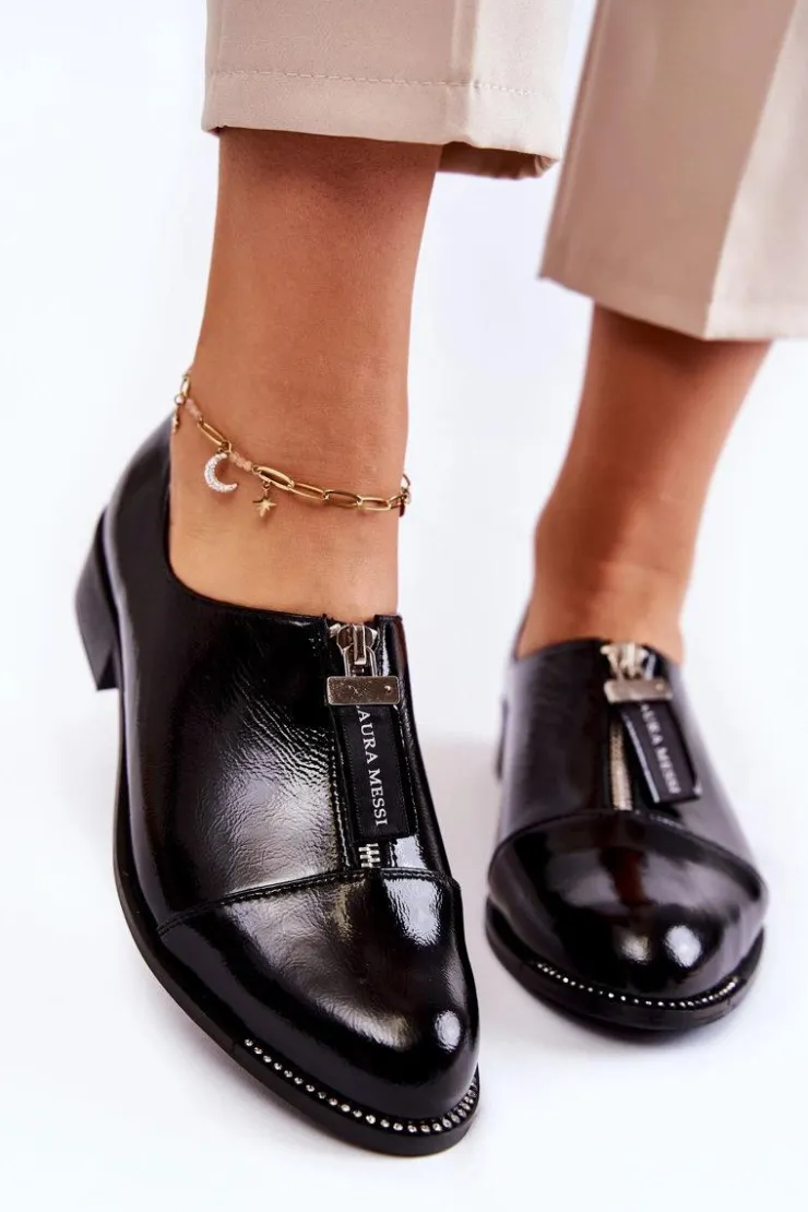 Outlet Laura Messi Lakierowane Modne Półbuty 2532 Czarne